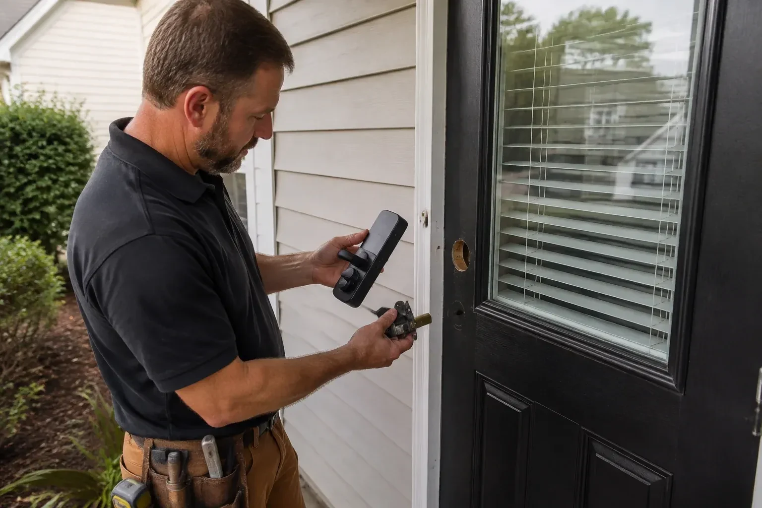 Person holding a black door-handle assembly and a latch beside a glazed door with exposed lock openings. — Smart Lock Installation, Halton Hills