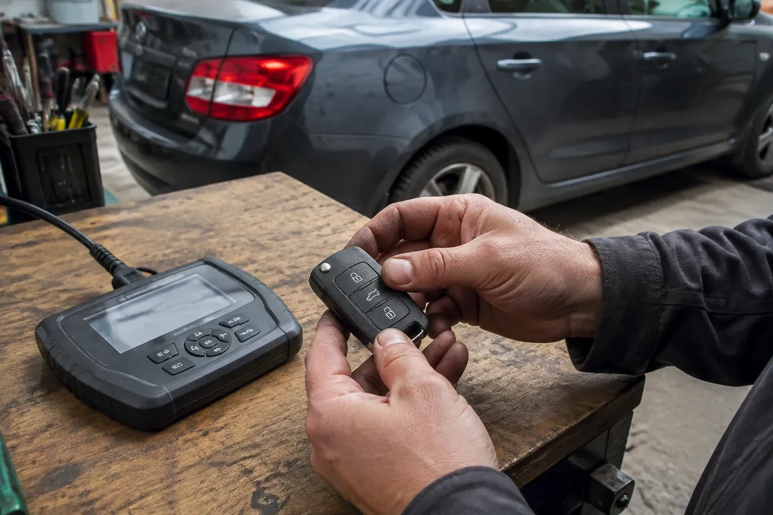 Hands holding a black car key fob above a workbench, beside a wired handheld device with a screen. — Car Key Replacement, Halton Hills