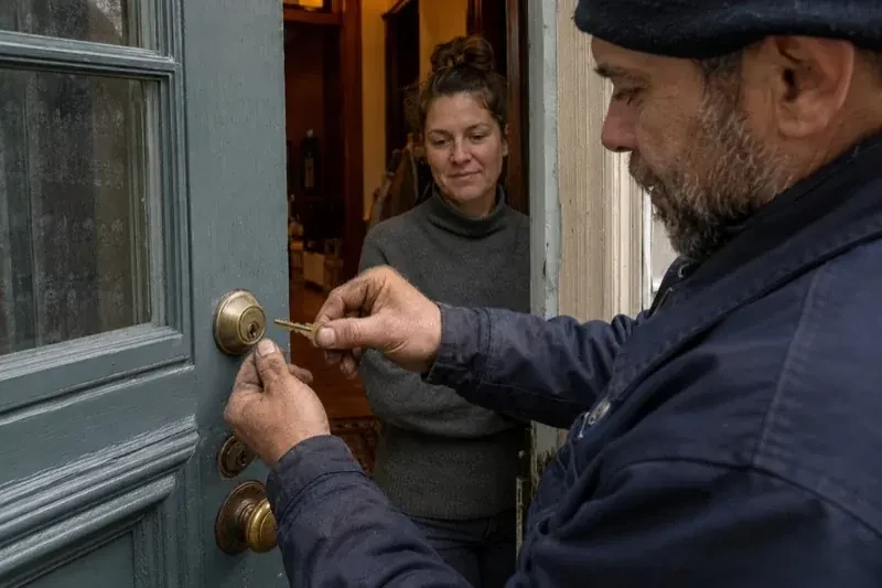 Person holding a key beside a brass-colored deadbolt on an open painted door while another person watches from inside. — Home Lockout Service, Halton Hills