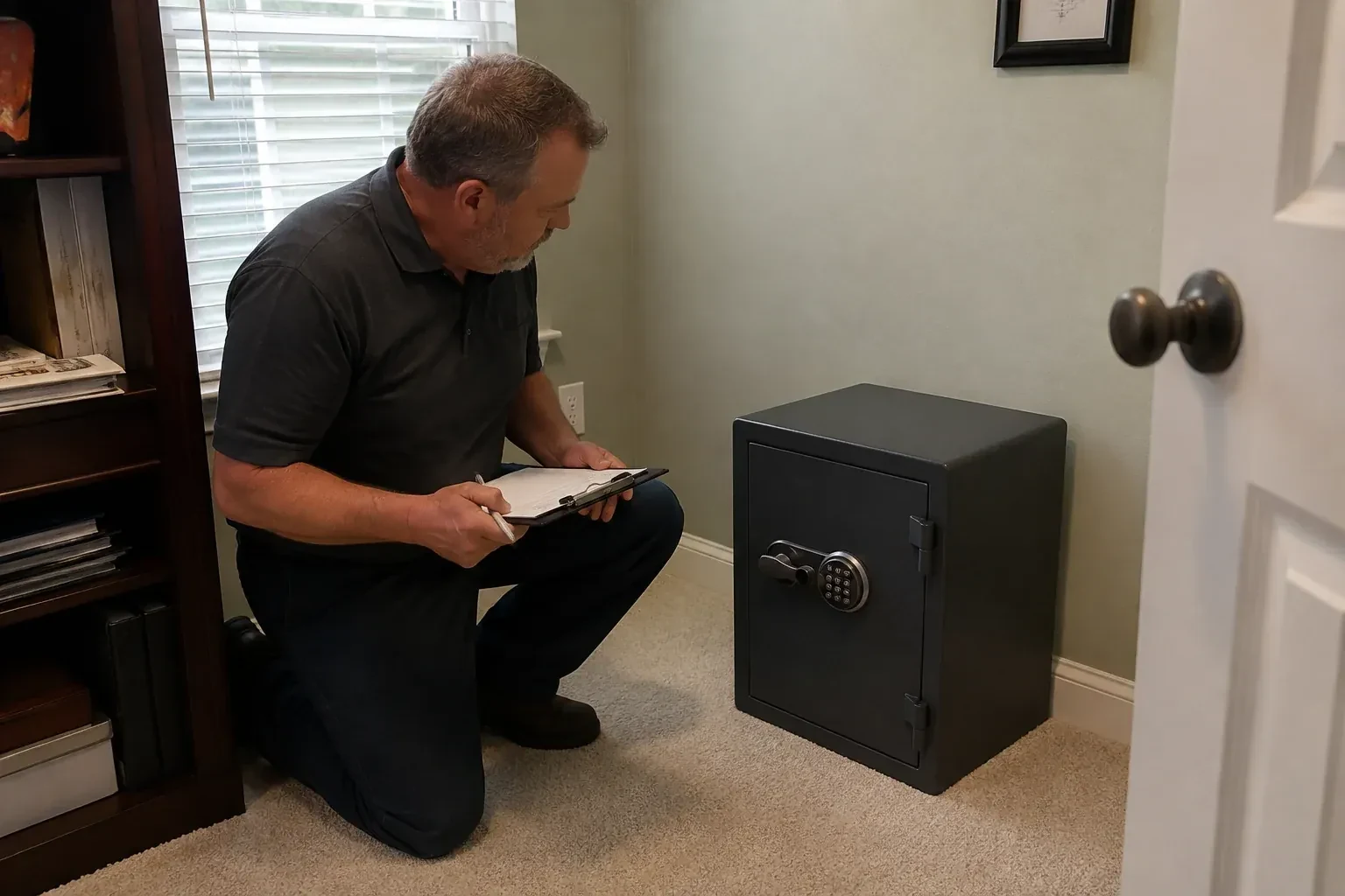 Person holding a clipboard beside a closed black safe with a circular keypad in a carpeted room. — Safe Installation & Servicing, Halton Hills