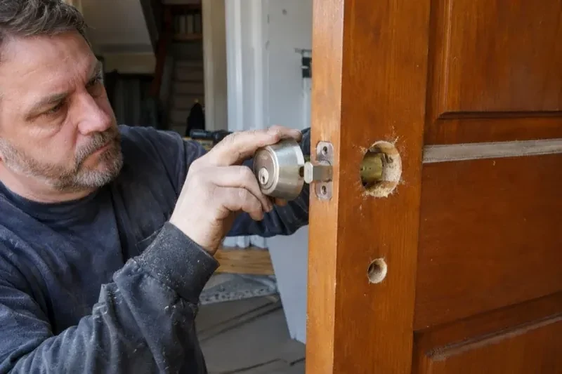 Person holding a silver-colored lock beside an open wooden door with exposed circular holes and a latch at its edge. — Deadbolt Installation, Halton Hills