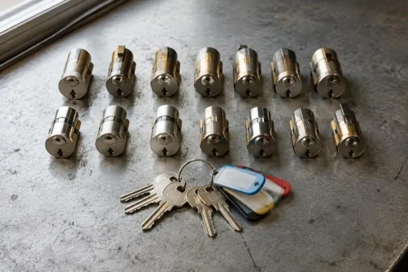 Two rows of lock cylinders on a metal surface with keys and colored key tags in front. — Master Key System Design, Halton Hills