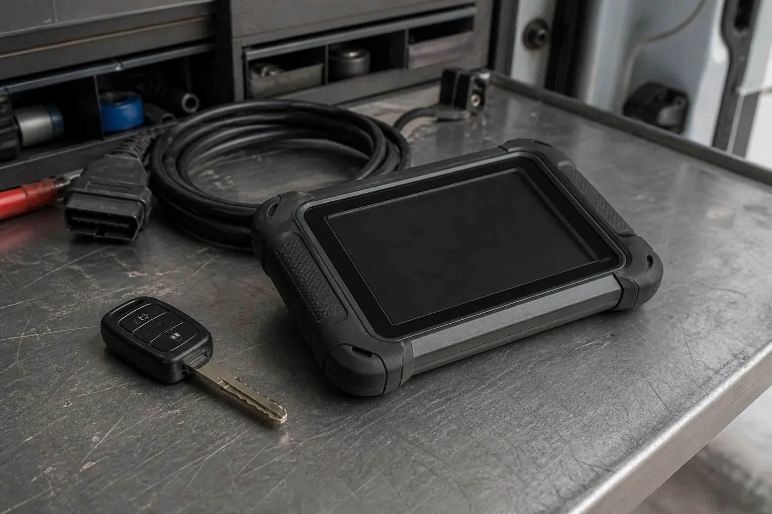 Vehicle key beside a dark diagnostic tablet and coiled connector cable on a workbench. — Transponder Key Programming, Halton Hills