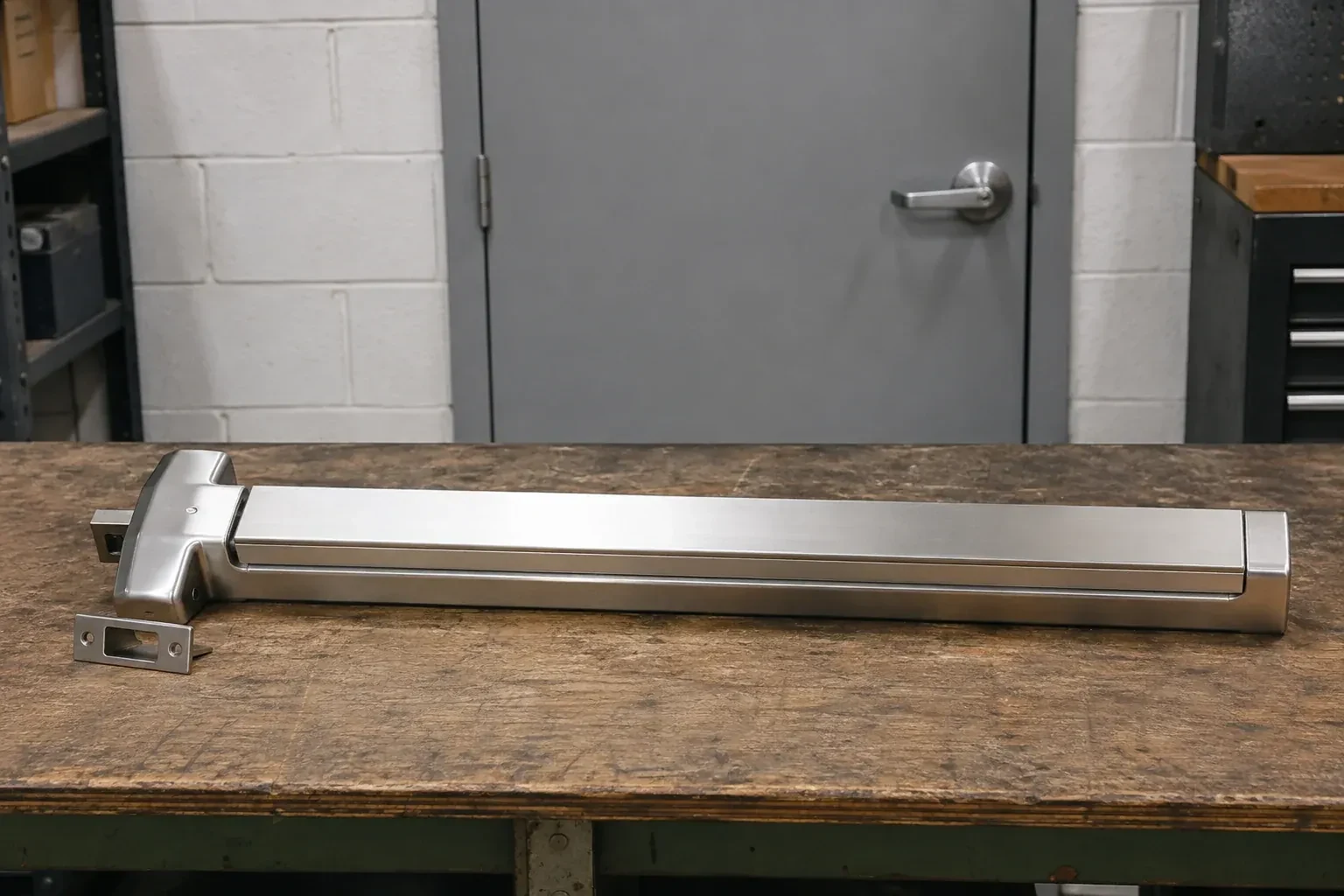 Detached horizontal exit device and separate strike component on a workshop bench. — Panic & Exit Hardware, Halton Hills