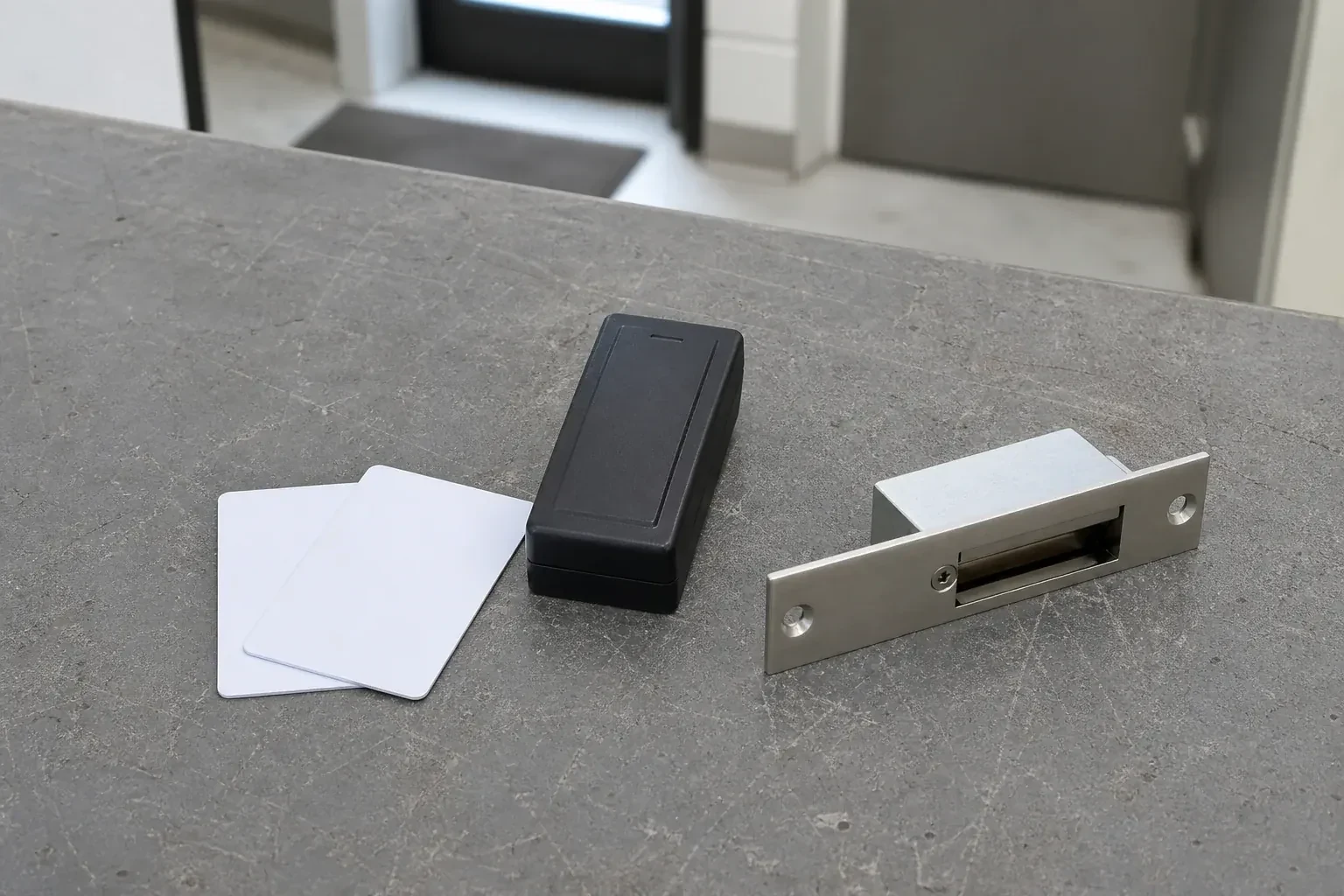 Detached card reader, two plain cards and an electric-strike component on a service bench. — Access Control Installation, Halton Hills