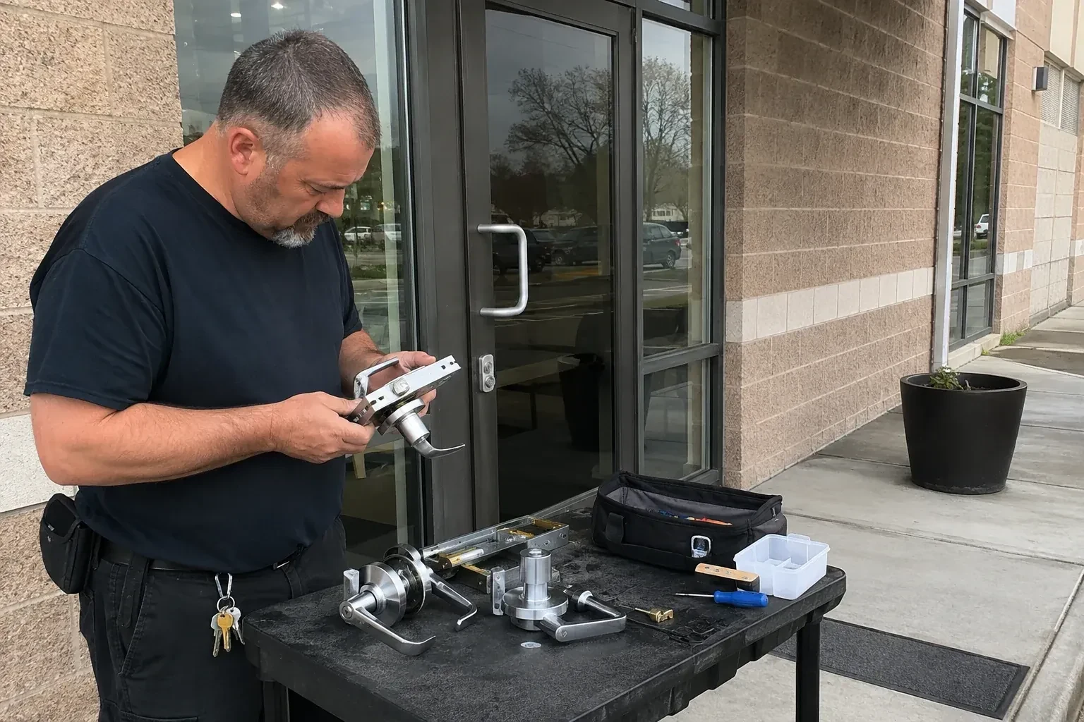 Person holding a door-handle and latch assembly at a worktable outside a glass entrance, with additional handles and tools laid out. — Commercial Rekeying, Halton Hills