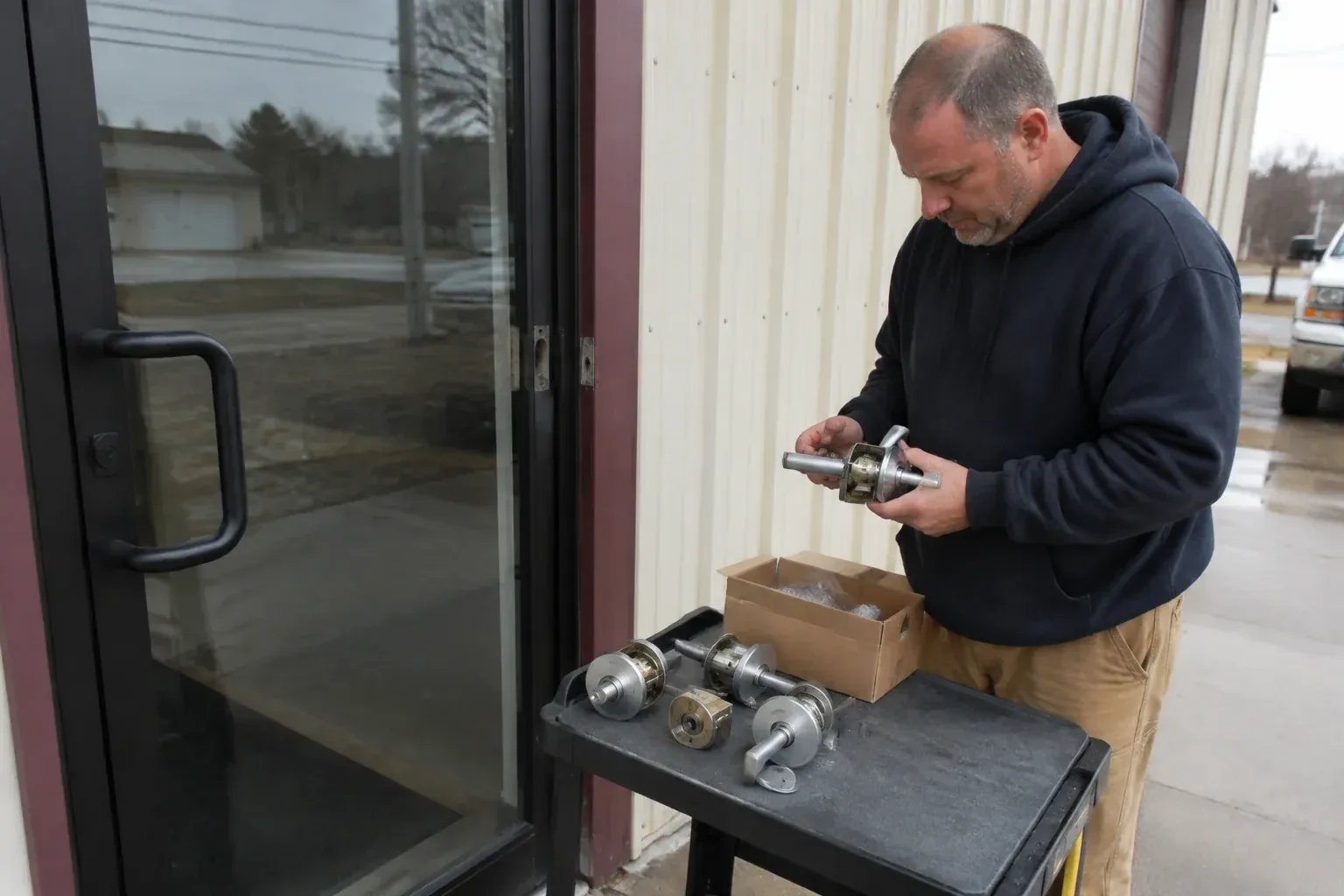 Person holding a door-handle assembly beside a glazed entrance, with more handle and lock components on a cart. — Commercial-Grade Lock Replacement, Halton Hills