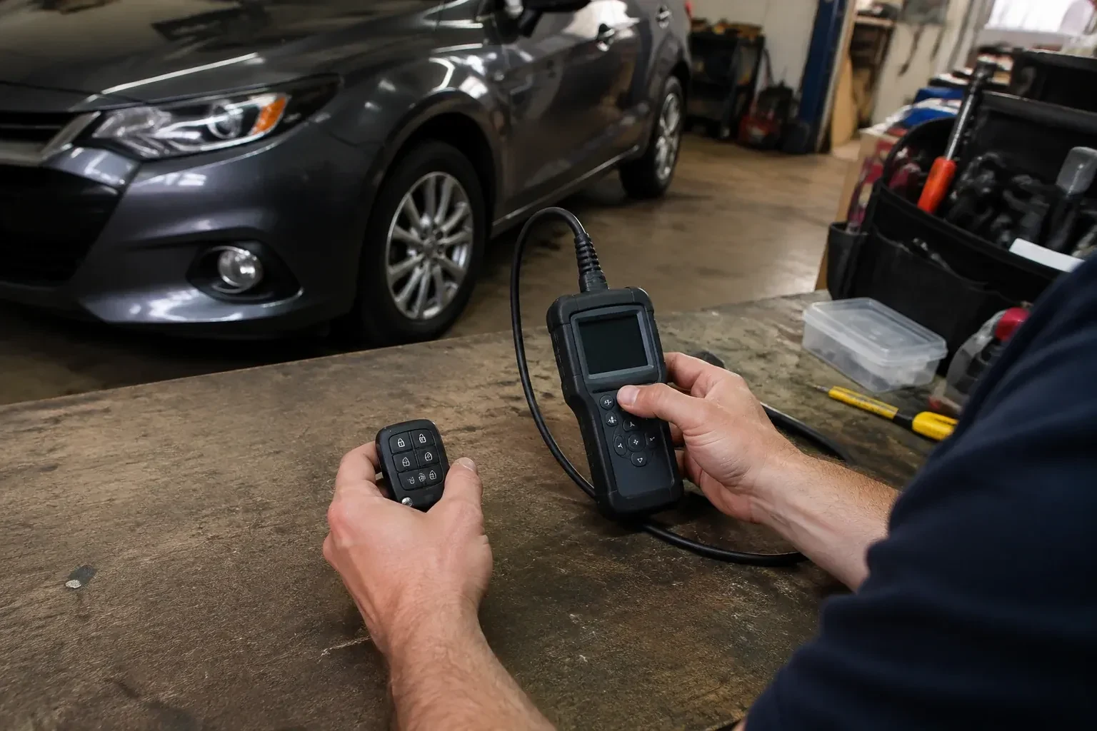 Hands holding a car-key fob and a small wired electronic device above a workbench in a garage with a parked car. — Key Fob Programming, Halton Hills
