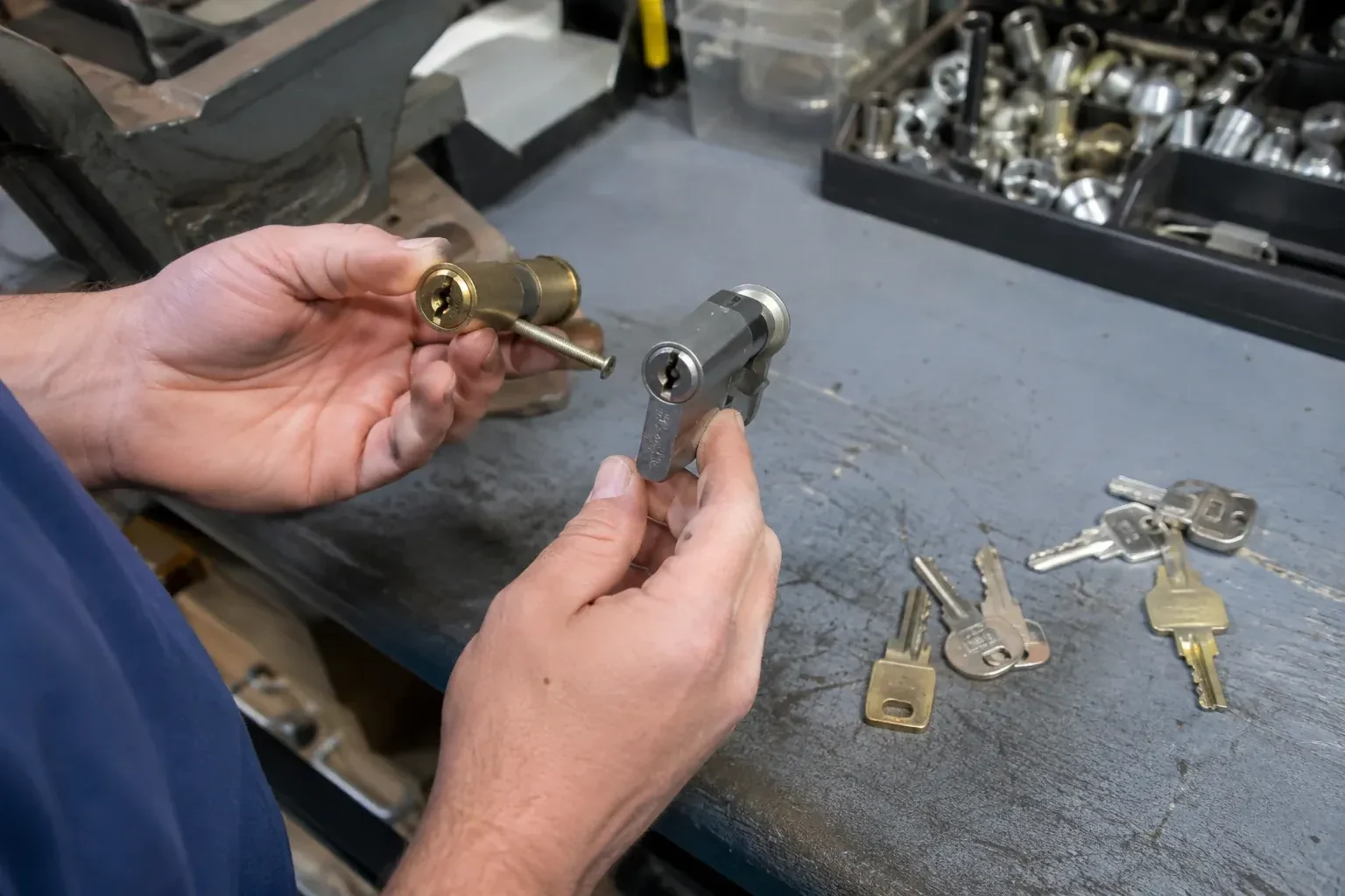 Hands comparing detached lock cylinders beside loose keys on a workbench. — Broken Key Extraction, Halton Hills