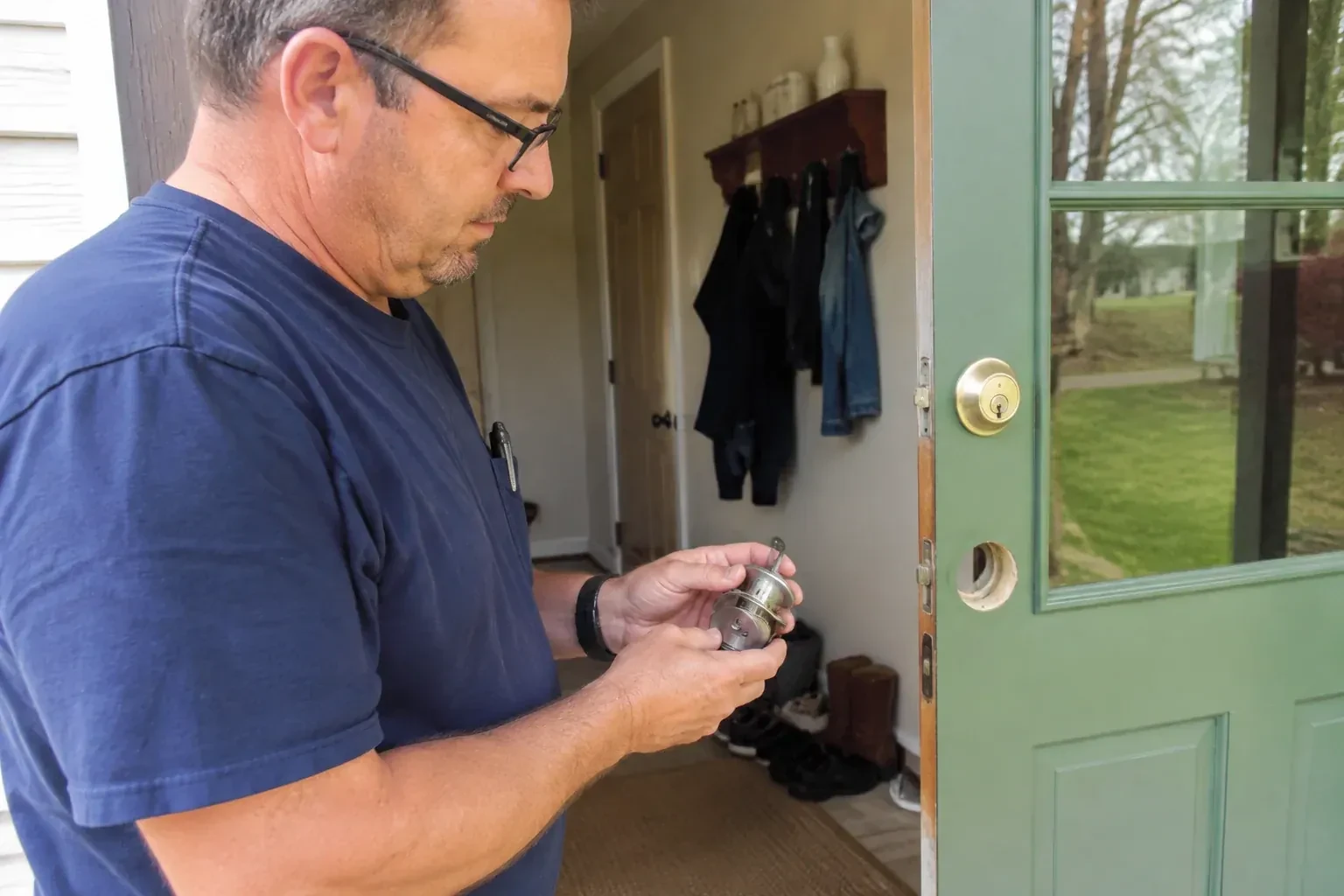 Person holding a cylindrical door-lock assembly beside an open green glazed door with its lower lock opening exposed. — Seized & Jammed Lock Opening, Halton Hills
