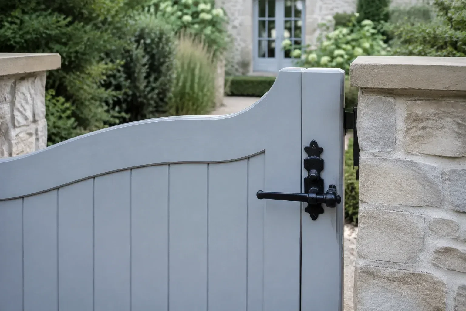 Pale blue garden gate with a black lever latch between light stone pillars. — Gate & Building Entry Locks, Halton Hills