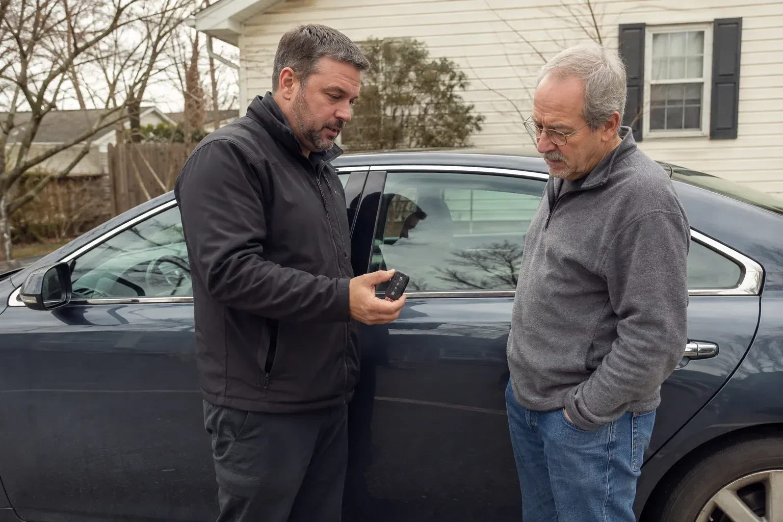 Two people beside a dark sedan, one holding up a black key fob. — Car Lockout Service, Halton Hills
