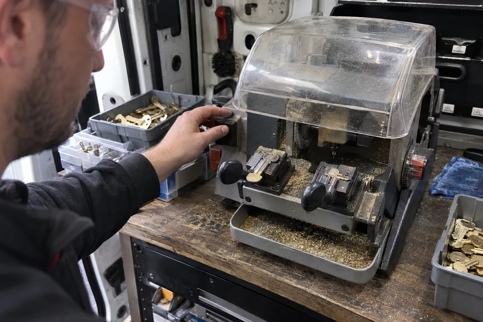 Person in safety glasses reaching for a key-cutting machine with a clear cover, beside trays of brass key blanks. — Spare Car Key Duplication, Halton Hills