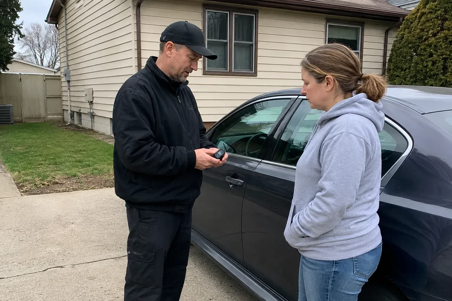 Two people standing beside a parked sedan, one wearing a cap and holding a small black device. — Vehicle Lock Repair, Halton Hills