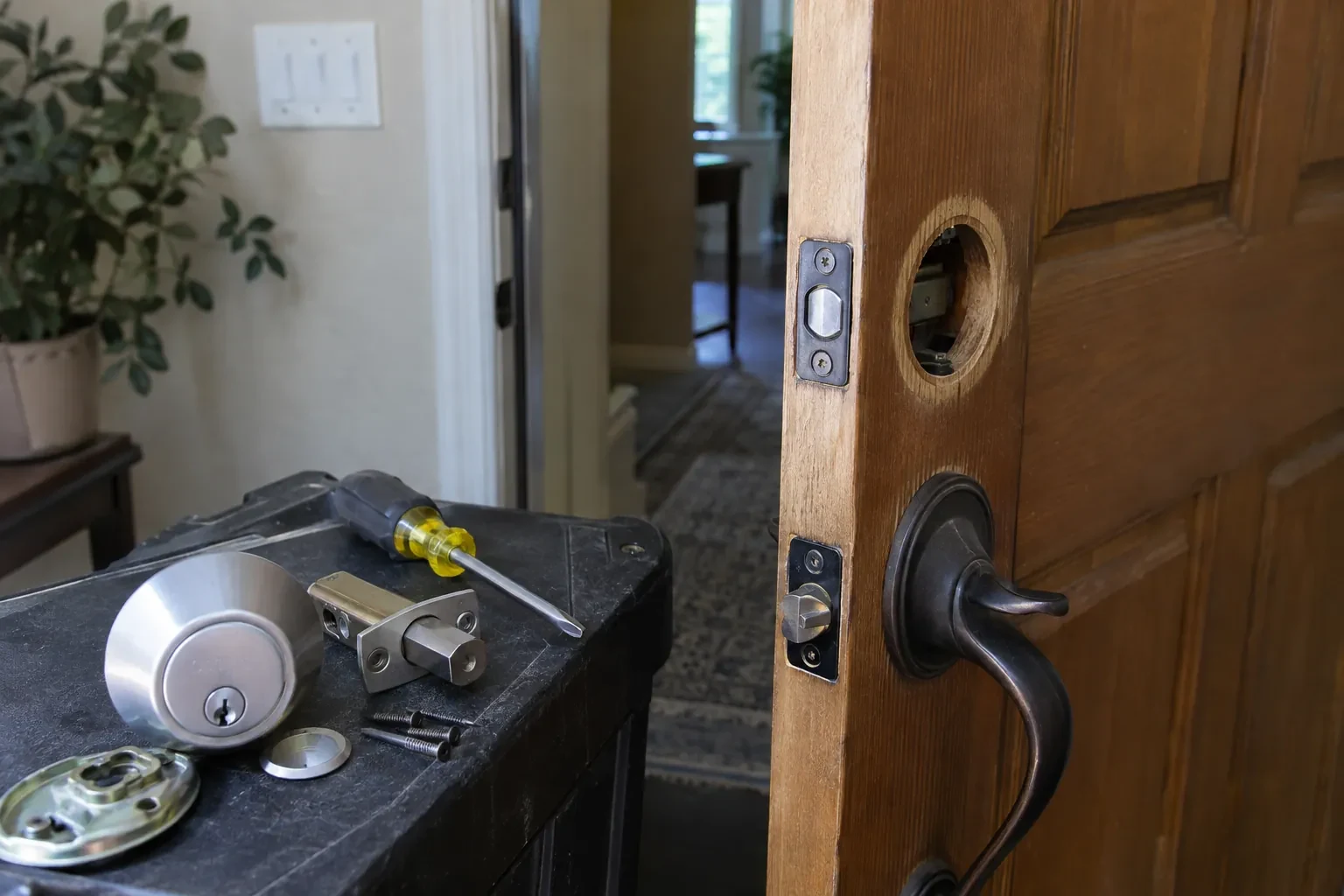 Wooden door with a dark lever handle and empty round bore, beside a deadbolt, latch, screws and screwdriver on a case.